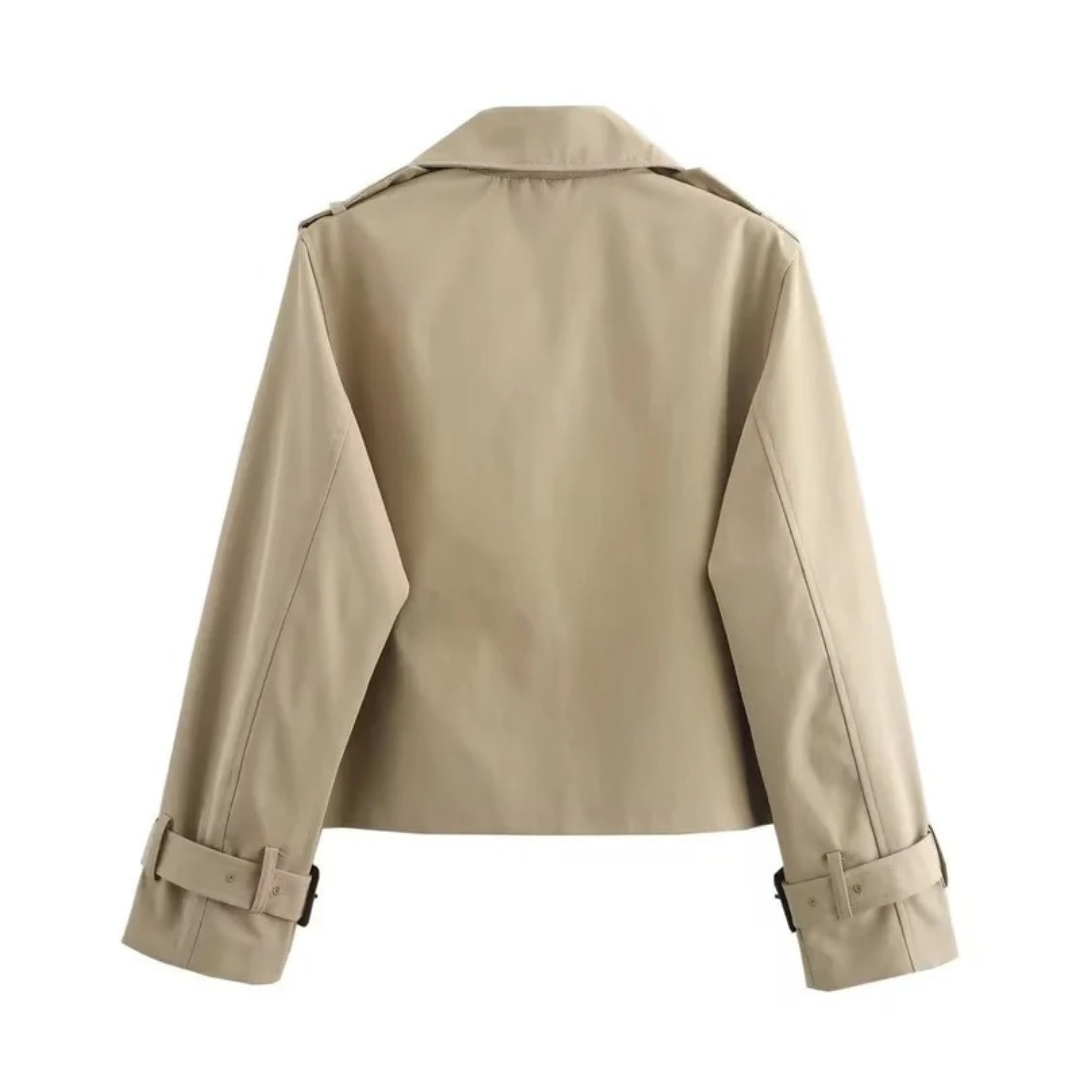 Womens Short Trench Coat with Double Breasted Closure and Adjustable Sleeve Buckles