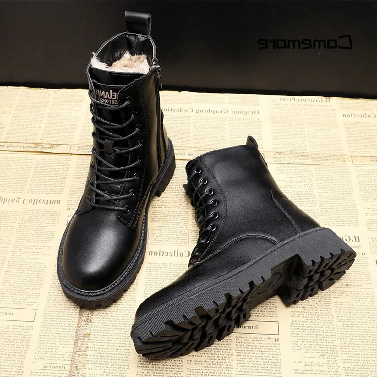 Black Leather Chelsea Boots with Chunky Lug Sole and Elastic Knit Panels