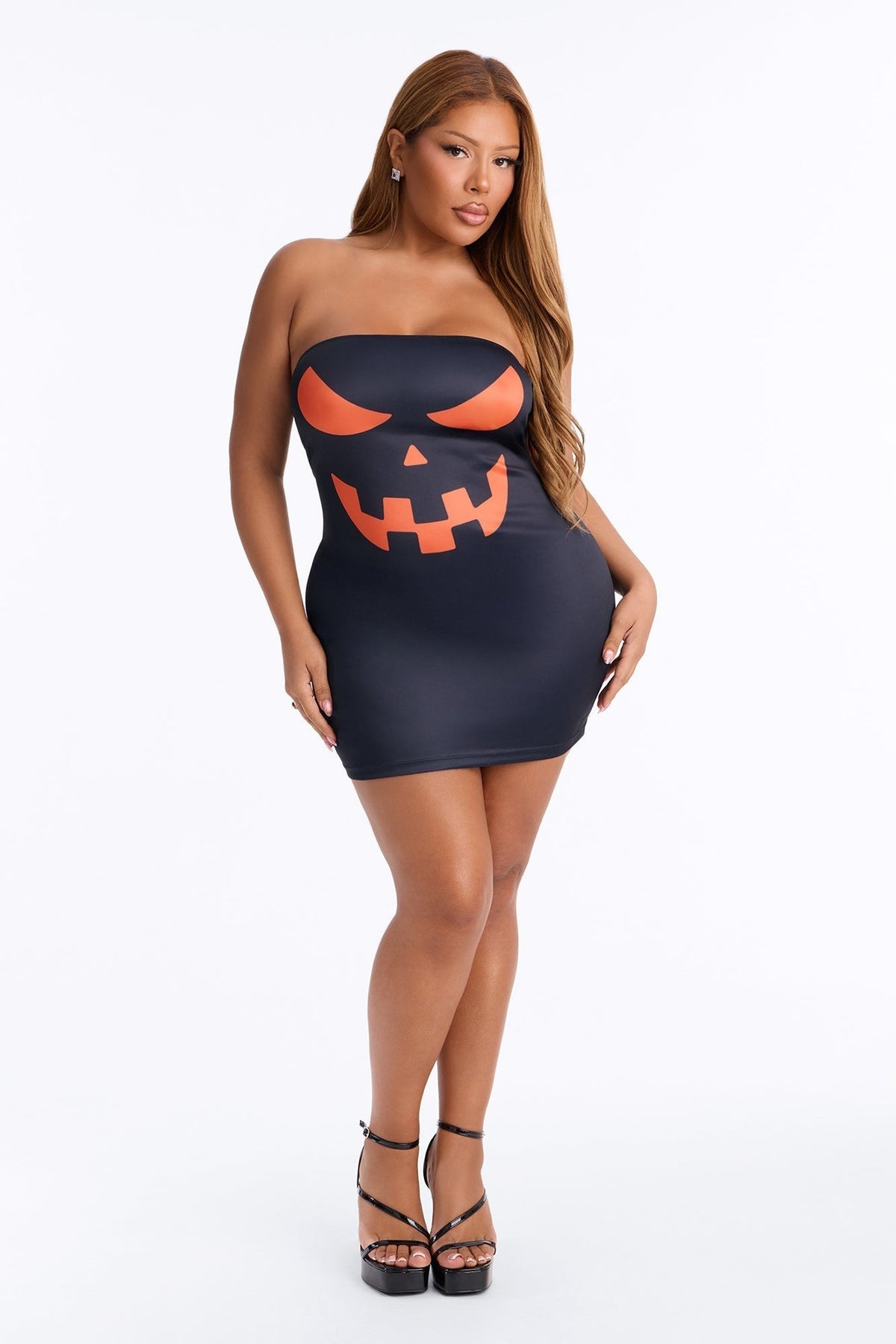 Pumpkin Face Bodycon Mini Dress with Long Sleeves for Halloween