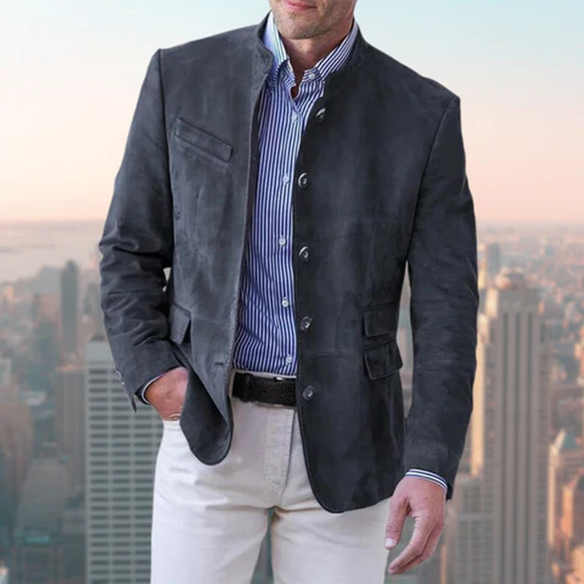 Casual Mens Cotton Twill Trucker Jacket with Button Front and Pockets