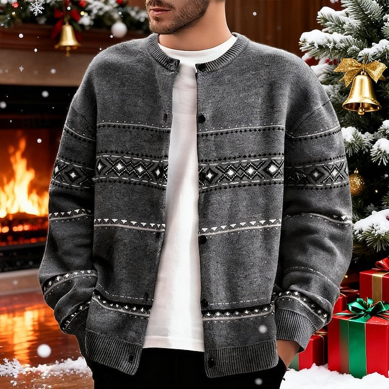 Knitted Button Down Cardigan with Reindeer and Snowflake Pattern