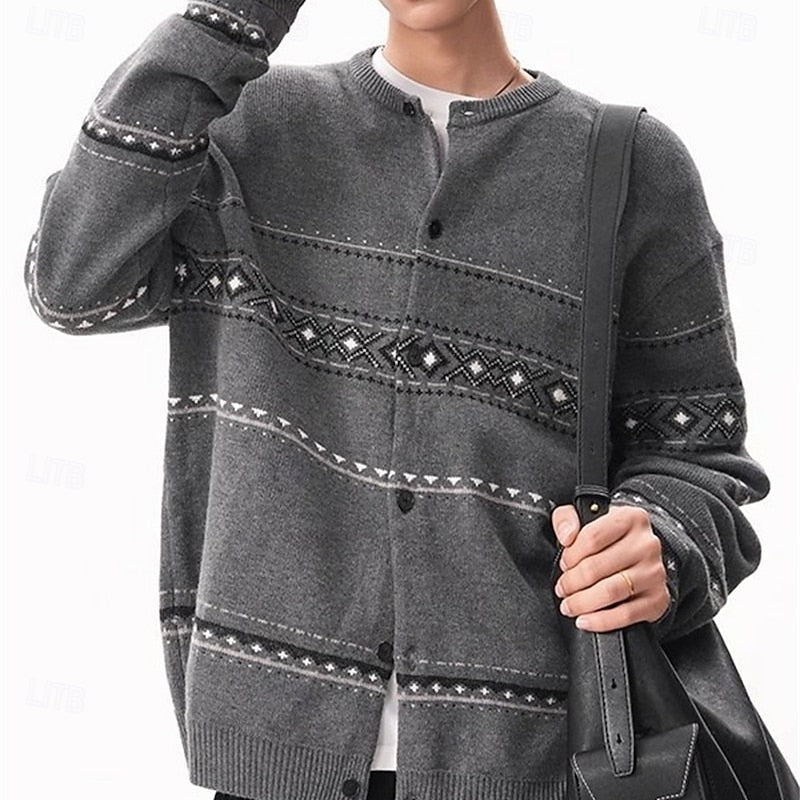 Knitted Button Down Cardigan with Reindeer and Snowflake Pattern