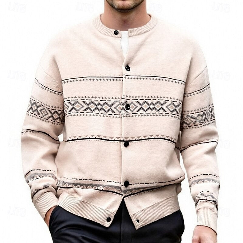 Knitted Button Down Cardigan with Reindeer and Snowflake Pattern