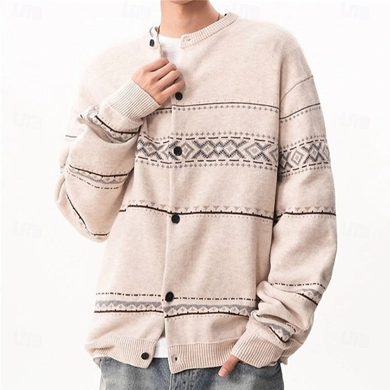 Knitted Button Down Cardigan with Reindeer and Snowflake Pattern