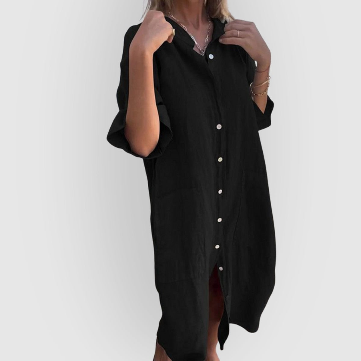 Long Sleeve Button Down Midi Shirt Dress with Turndown Collar and Belted Waist