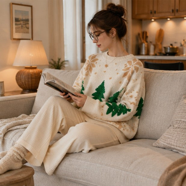 Color Block Winter Knit Sweater with Festive Snowflake Fair Isle Pattern