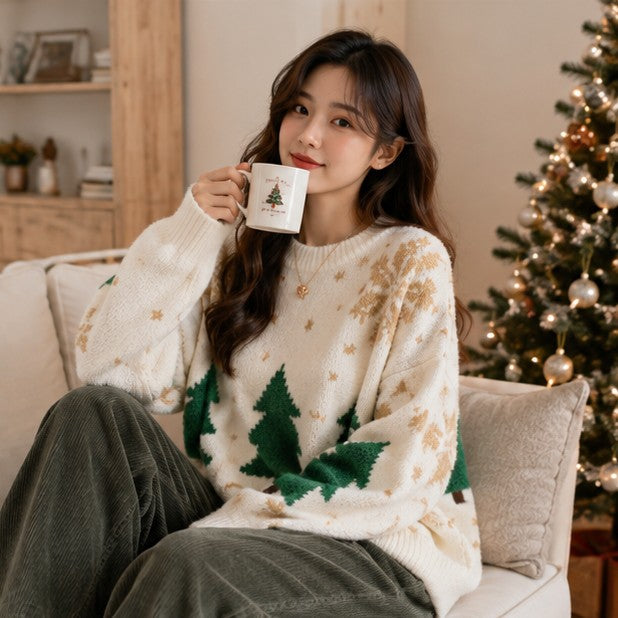 Color Block Winter Knit Sweater with Festive Snowflake Fair Isle Pattern