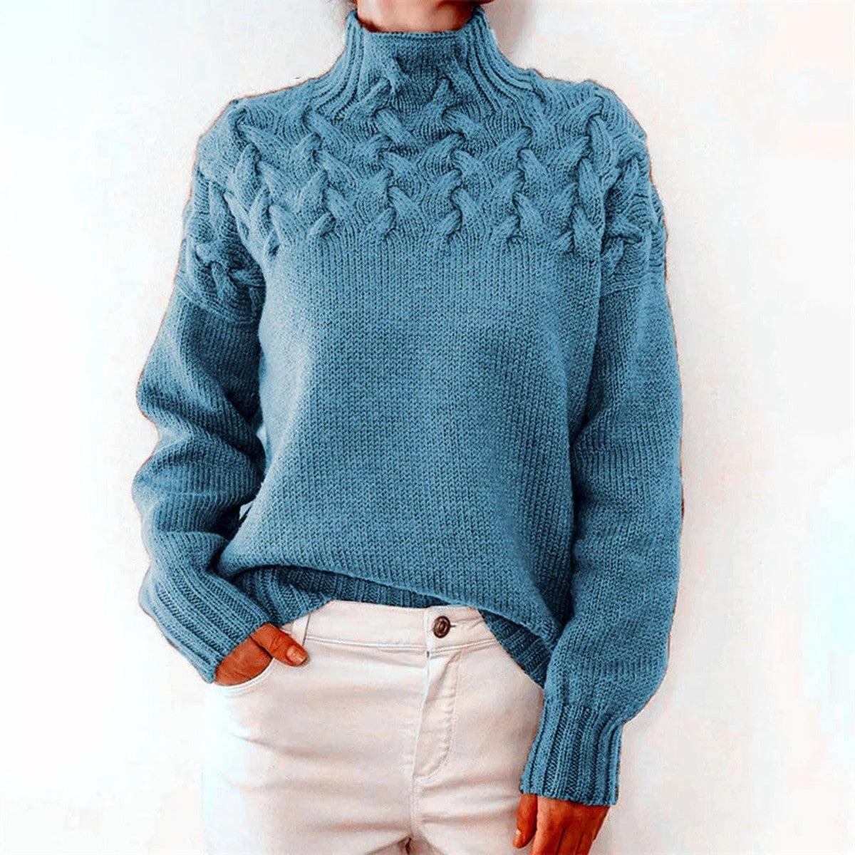 Chunky Cable Knit Pullover Jumper with Fold Over Turtleneck Collar