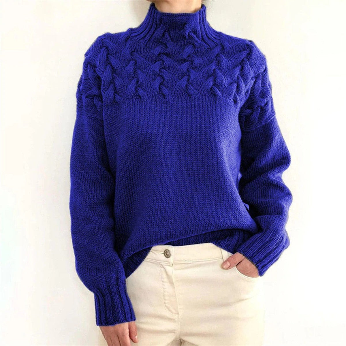 Chunky Cable Knit Pullover Jumper with Fold Over Turtleneck Collar