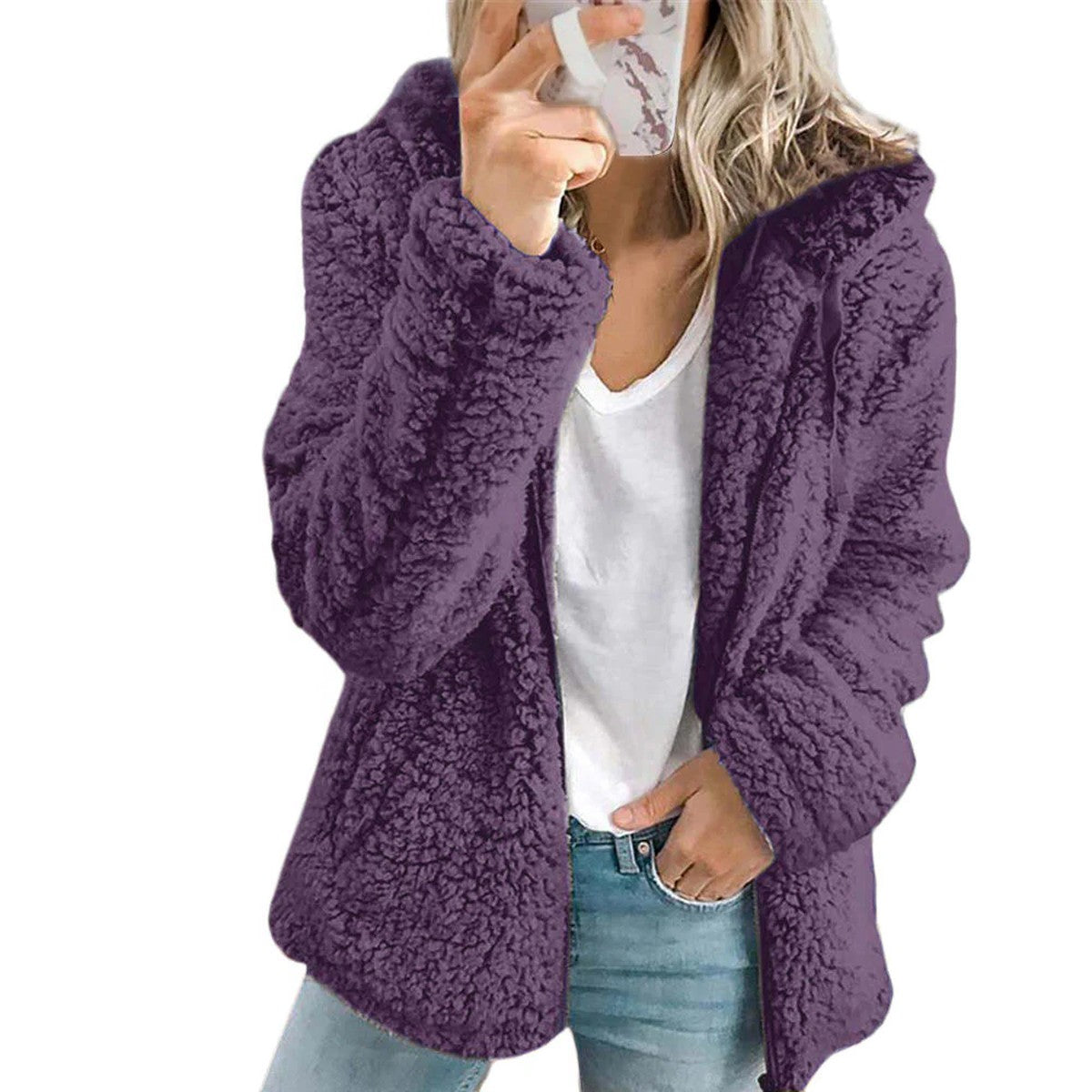 Women Fluffy Hooded Teddy Jacket with Horn Buttons and Front Pockets