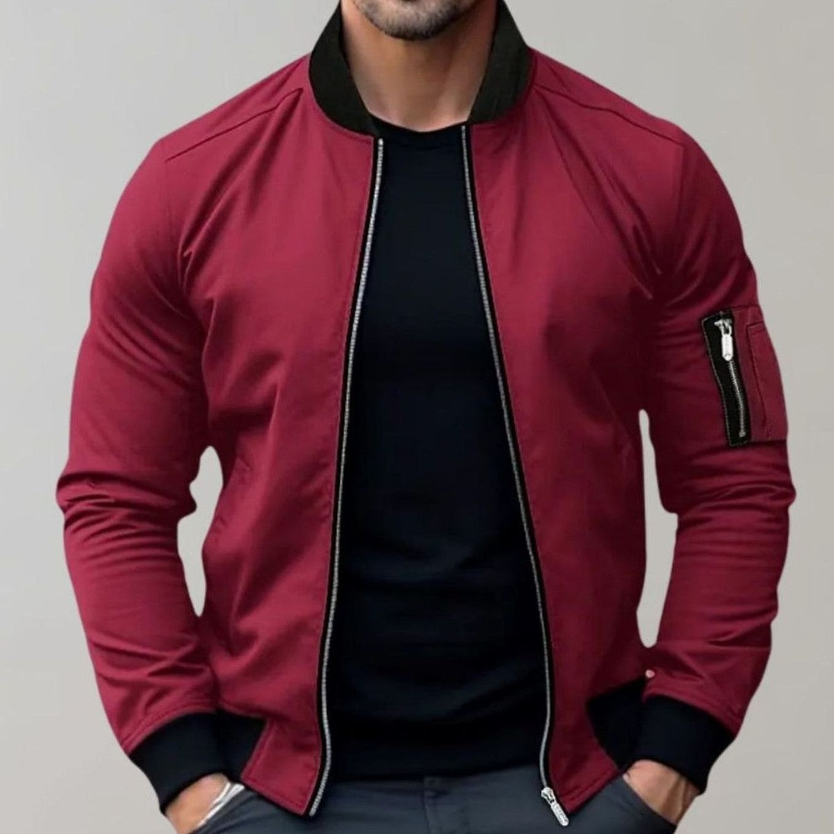 Classic Lightweight Flight Bomber Jacket with Ribbed Trims and Utility Arm Pocket
