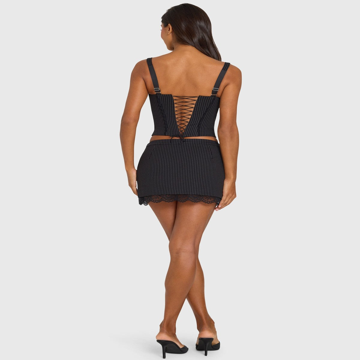 Black Pinstripe a Line Skirt with Delicate Floral Lace Hem Trim