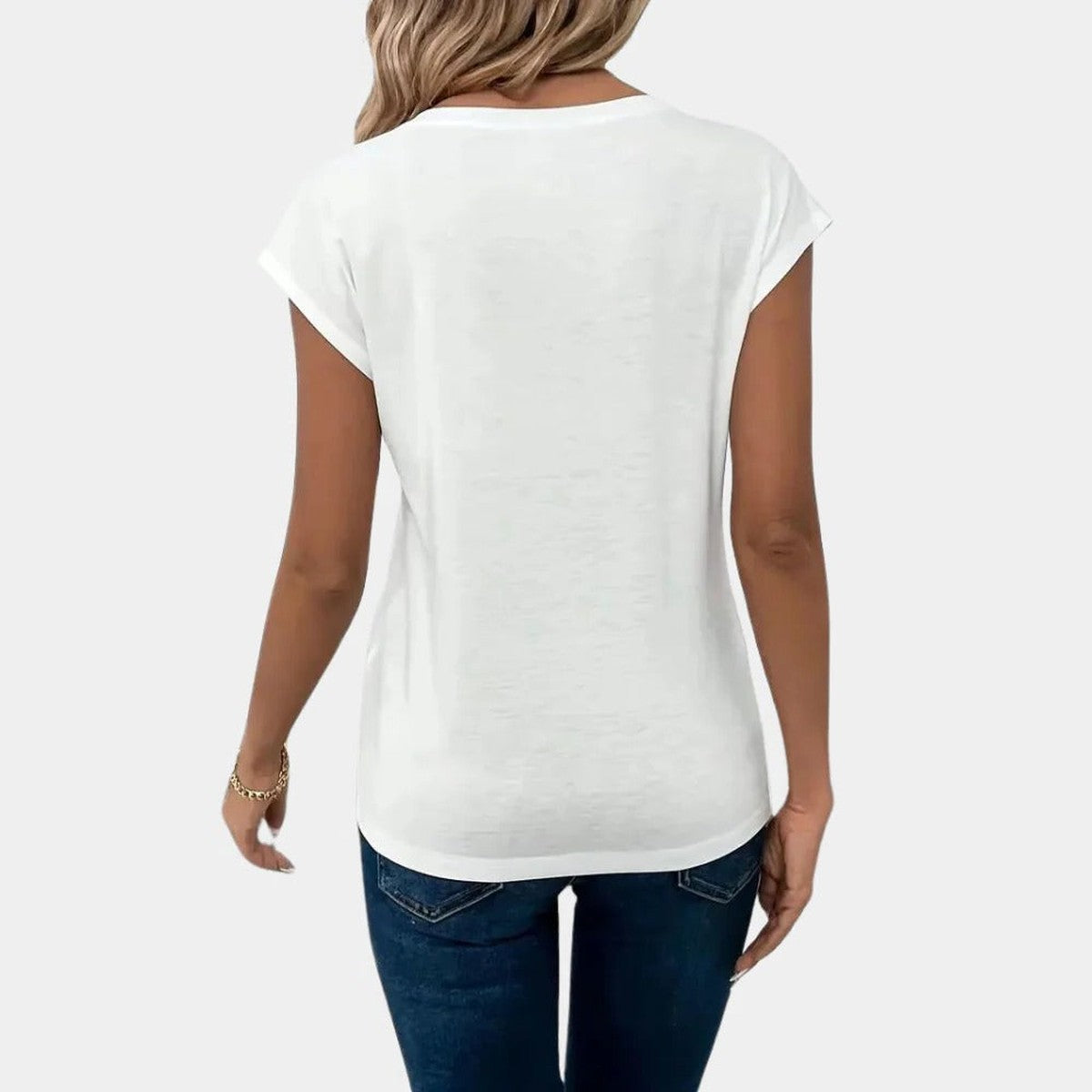Women Short Sleeve Textured Knit Top with Button Notch V Neck Collar