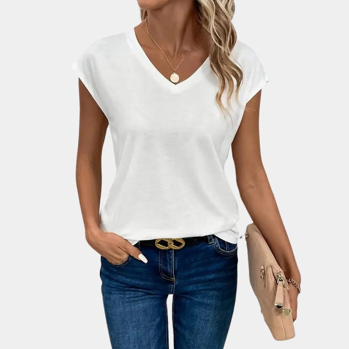 Women Short Sleeve Textured Knit Top with Button Notch V Neck Collar