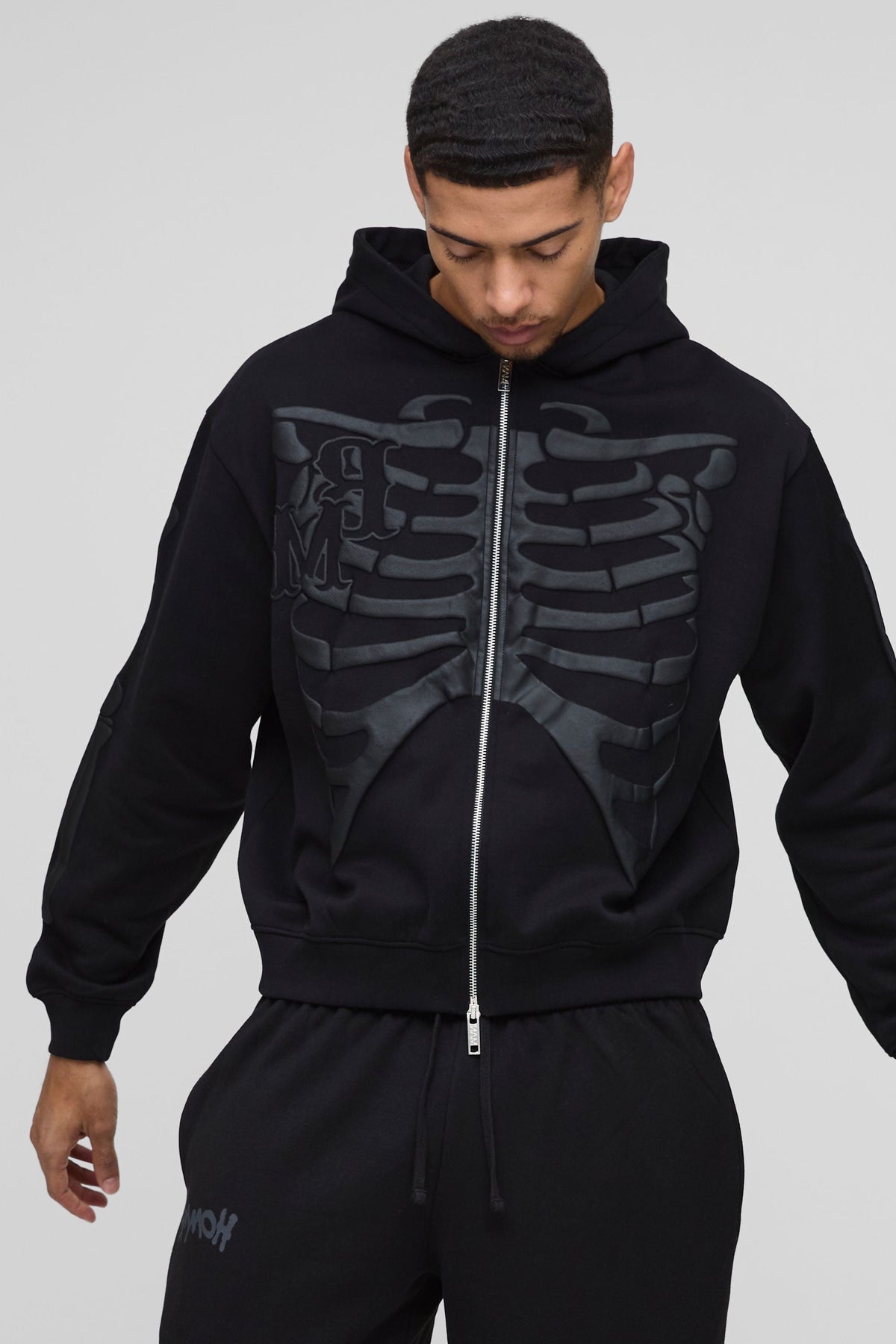 Skeleton Puff Print Zip Hoodie with Brushback Fleece and Drawstring Hood