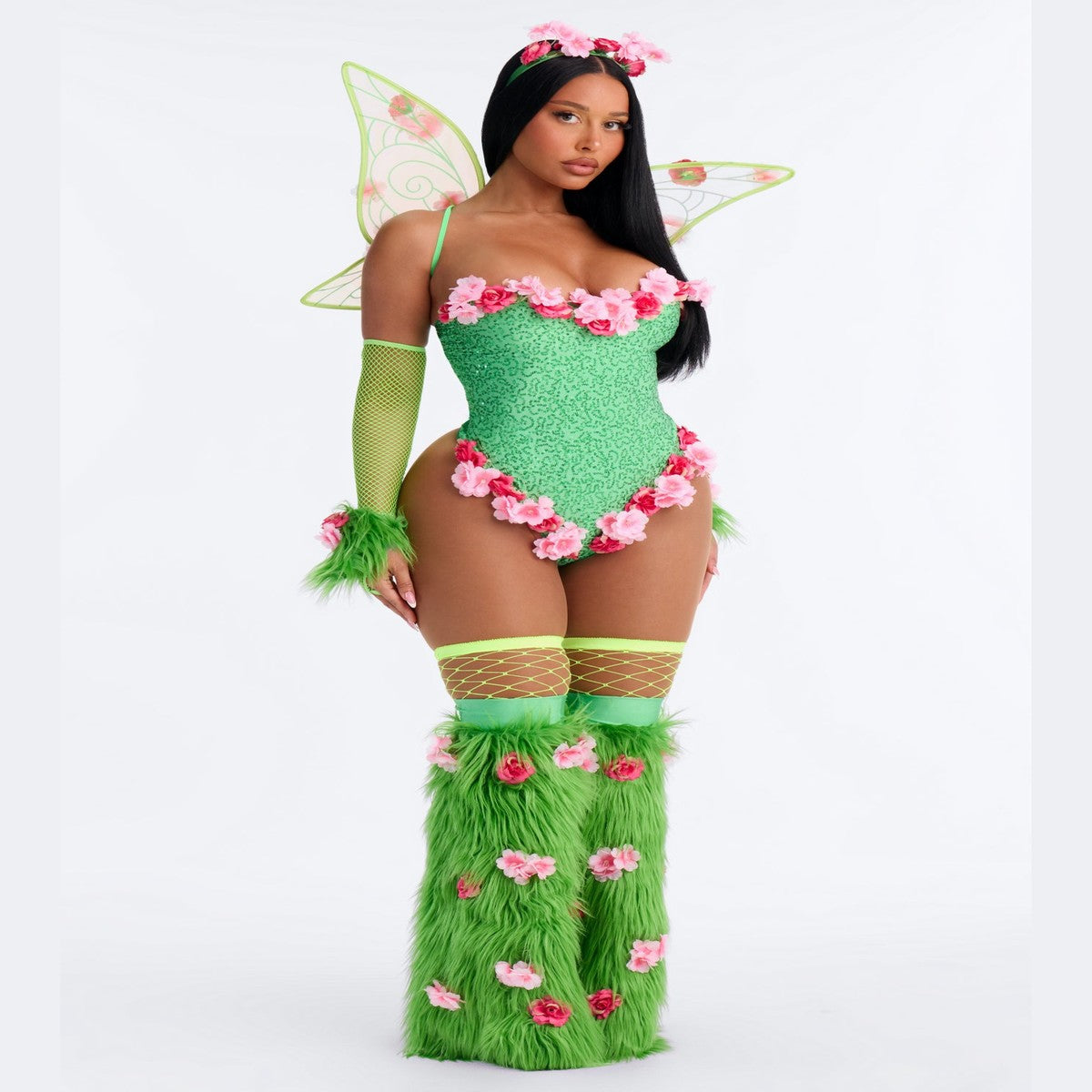 Women Green Fairy Costume Set with Wings and Feather Trim