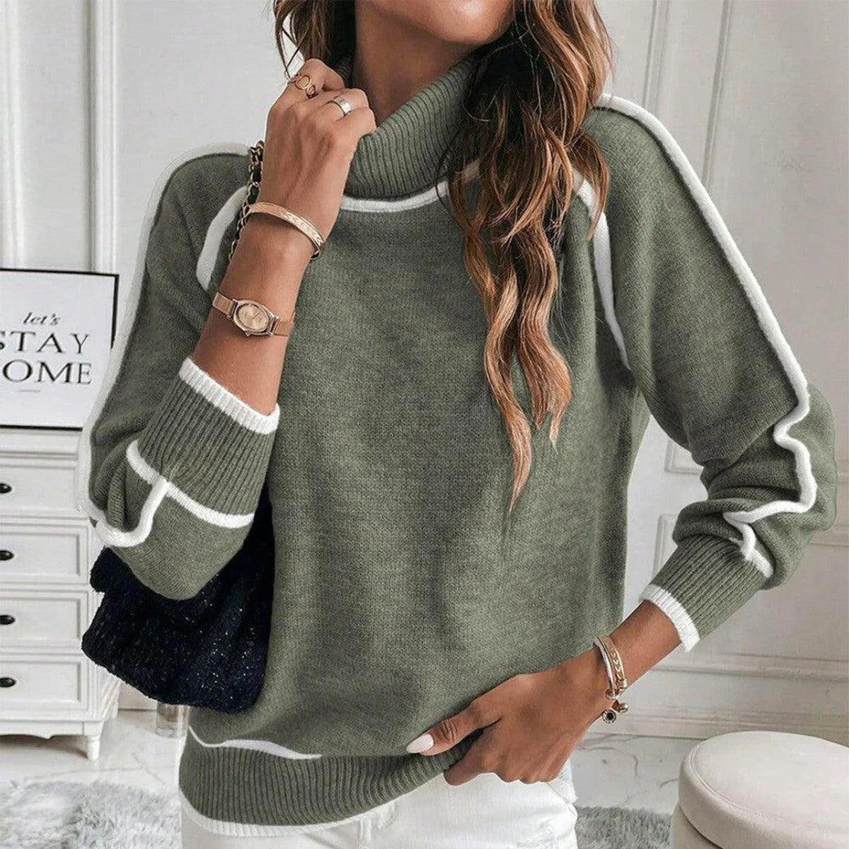 Women Loose Fit Pullover Sweater with Ribbed Long Sleeves in Olive Green
