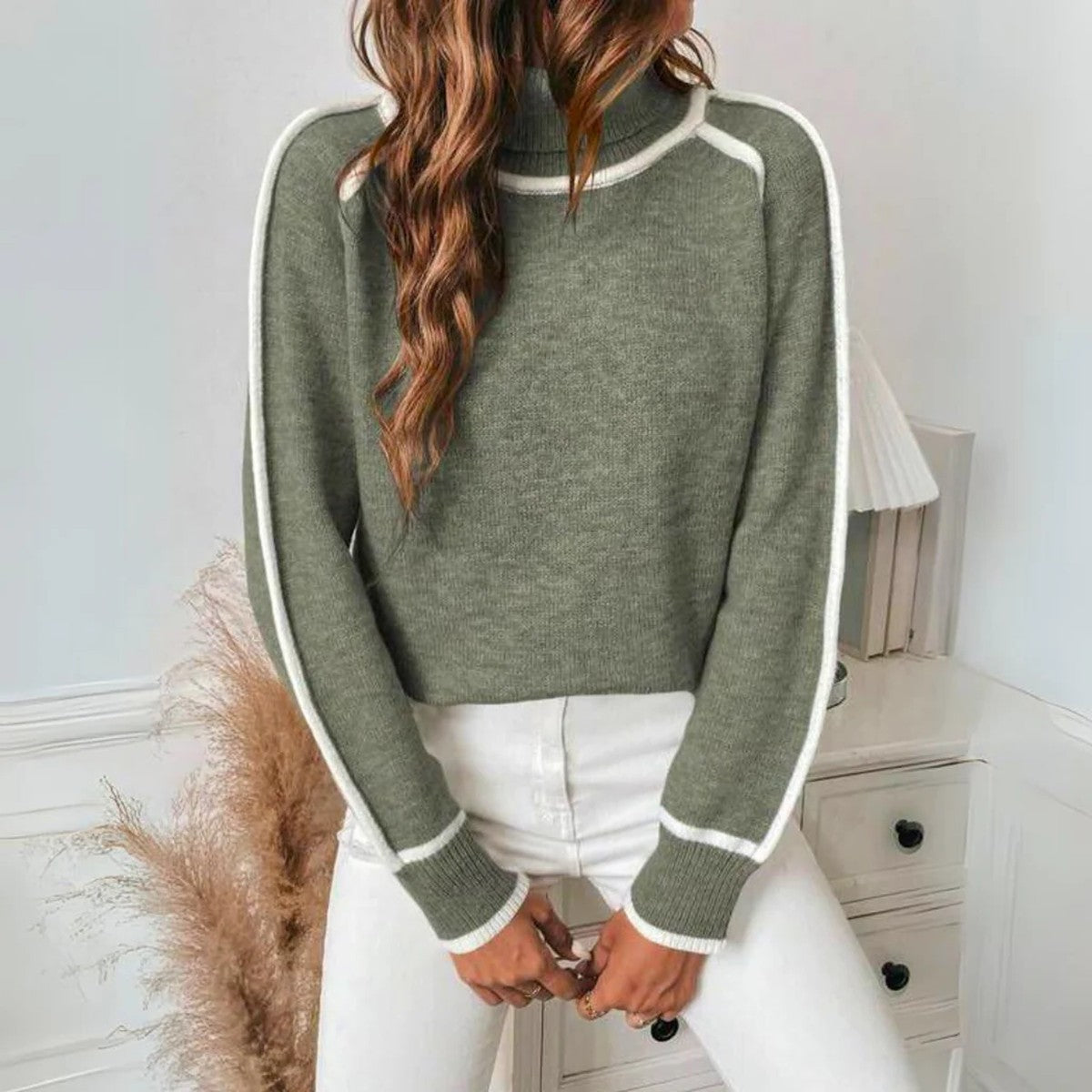 Women Loose Fit Pullover Sweater with Ribbed Long Sleeves in Olive Green