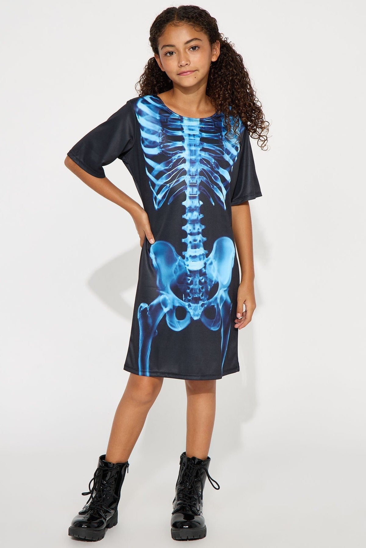 Children's Black Skeleton Bone Dress with Short Sleeves and Front Pockets