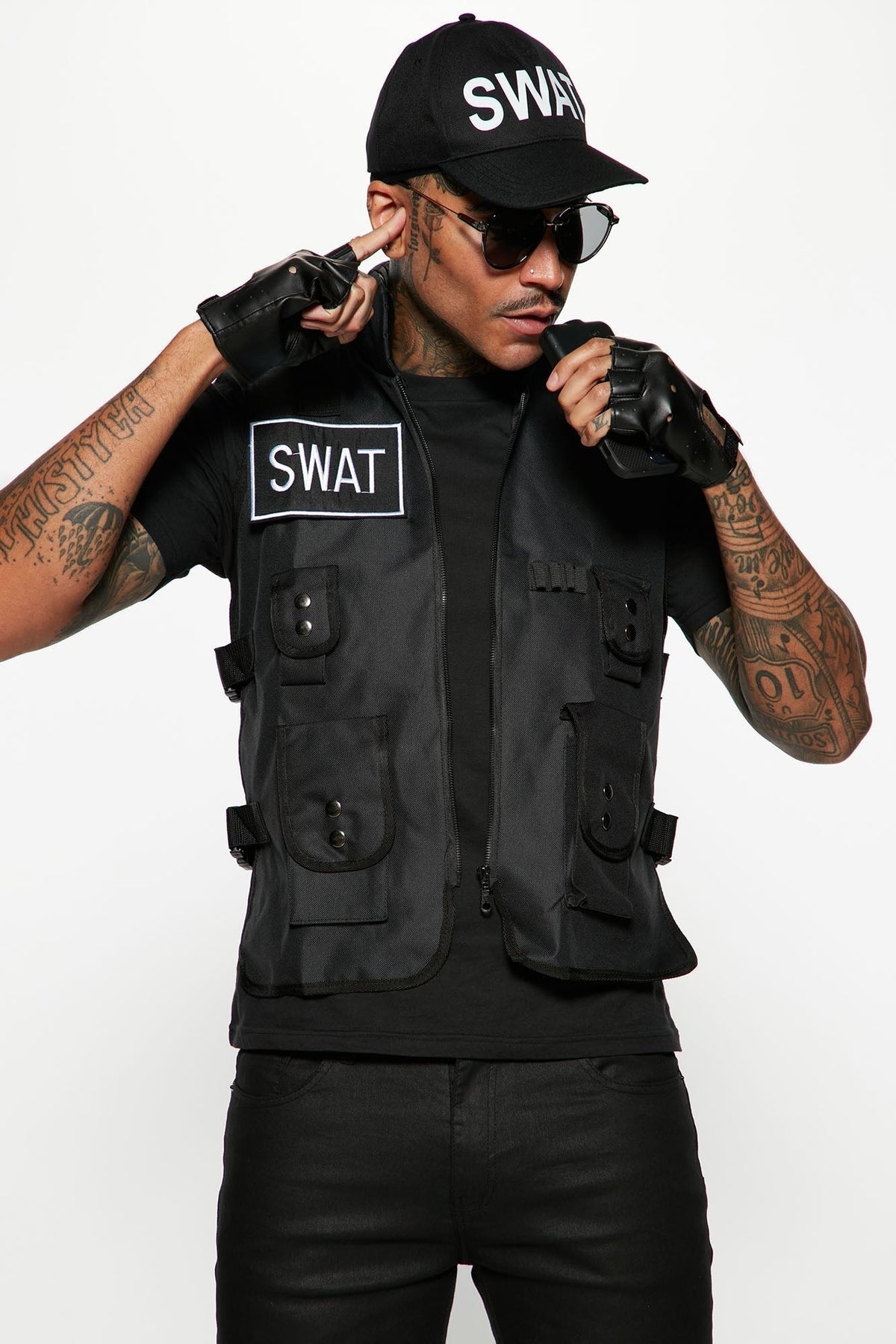 Tactical Costume Set with Vest and Cap, Fingerless Gloves for Theme Parties