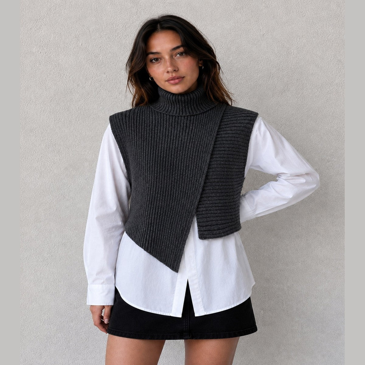 Layered Turtleneck Knit Vest with White Long Sleeve Cotton Button Up Shirt
