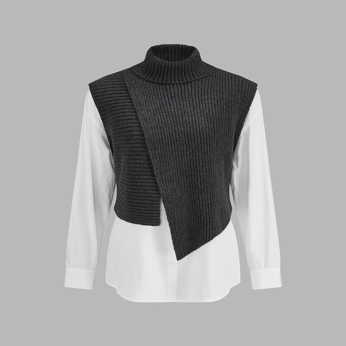 Layered Turtleneck Knit Vest with White Long Sleeve Cotton Button Up Shirt