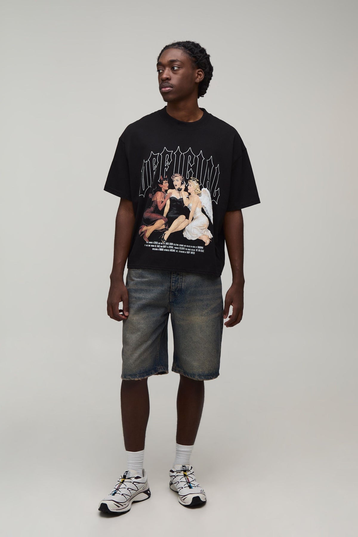 Oversized Boxy Tee with Gothic Chest Graphic and Dropped Shoulders, Cropped Length