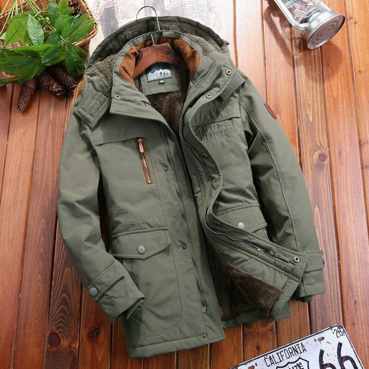 Men Fleece Lined Winter Utility Parka Jacket with Multiple Cargo Pockets