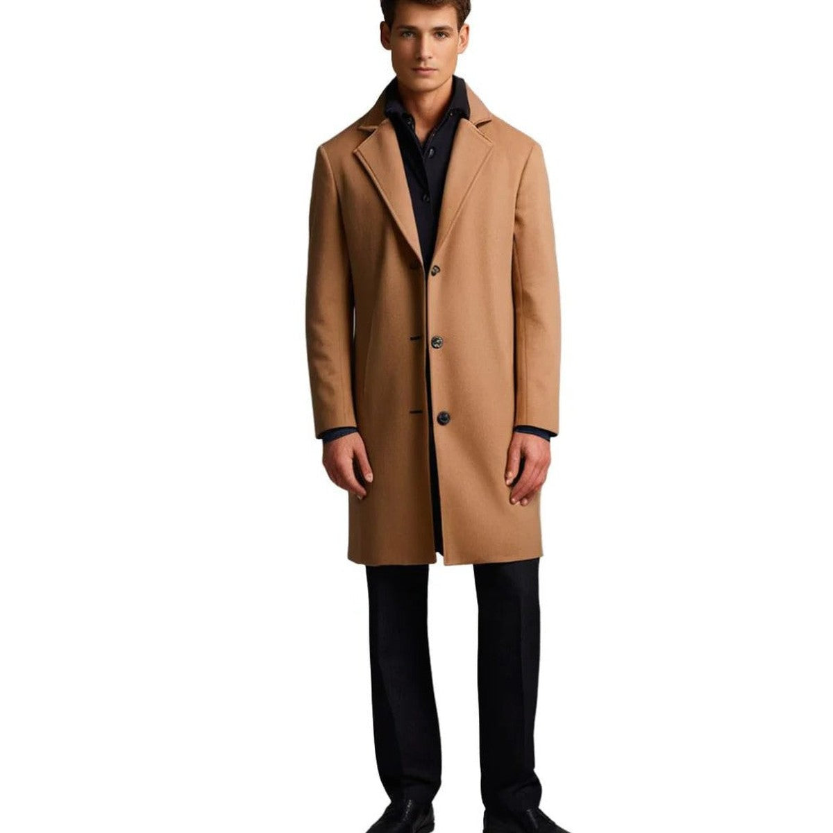Double Breasted Wool Blend Trench Overcoat with Lapel Collar for Men