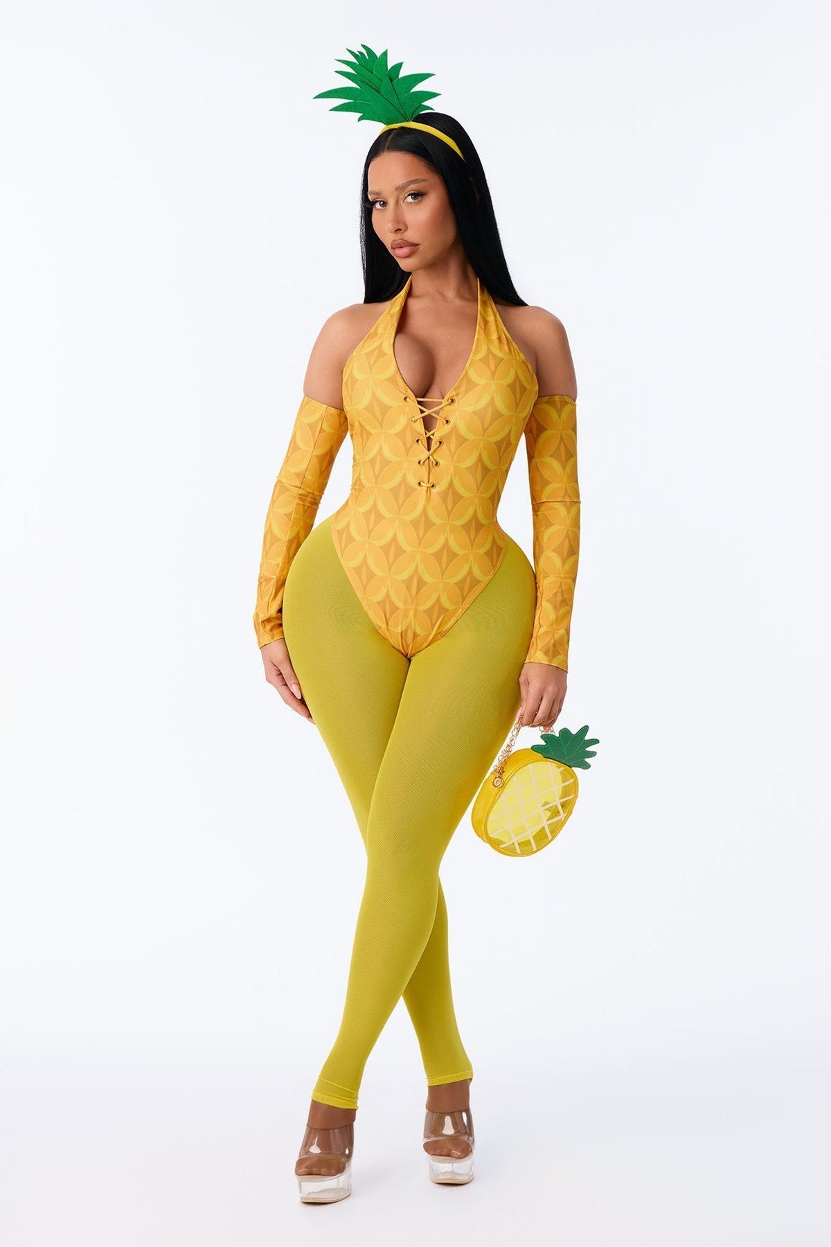 Five Piece Yellow Costume Set with Bodysuit, Leggings and Pineapple Bag