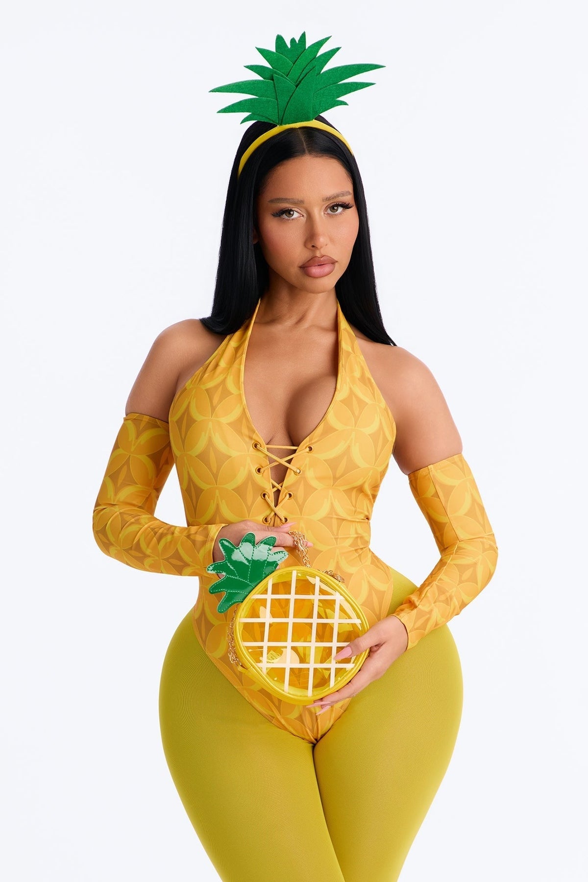 Five Piece Yellow Costume Set with Bodysuit, Leggings and Pineapple Bag