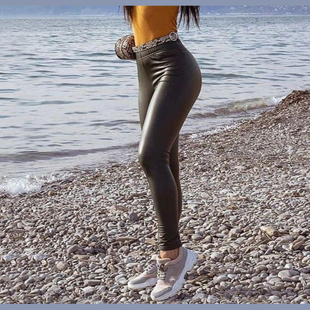 High Waisted Faux Leather Leggings with Elastic Waistband and Slim Fit