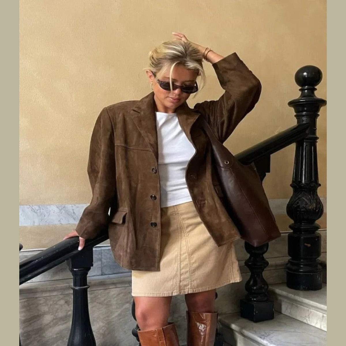 Womens Faux Suede Moto Jacket with Asymmetrical Zip and Classic Collar
