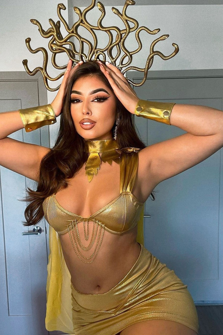 Goddess Costume Set with Snake Headpiece and Metallic Gold Finish, 5-Piece