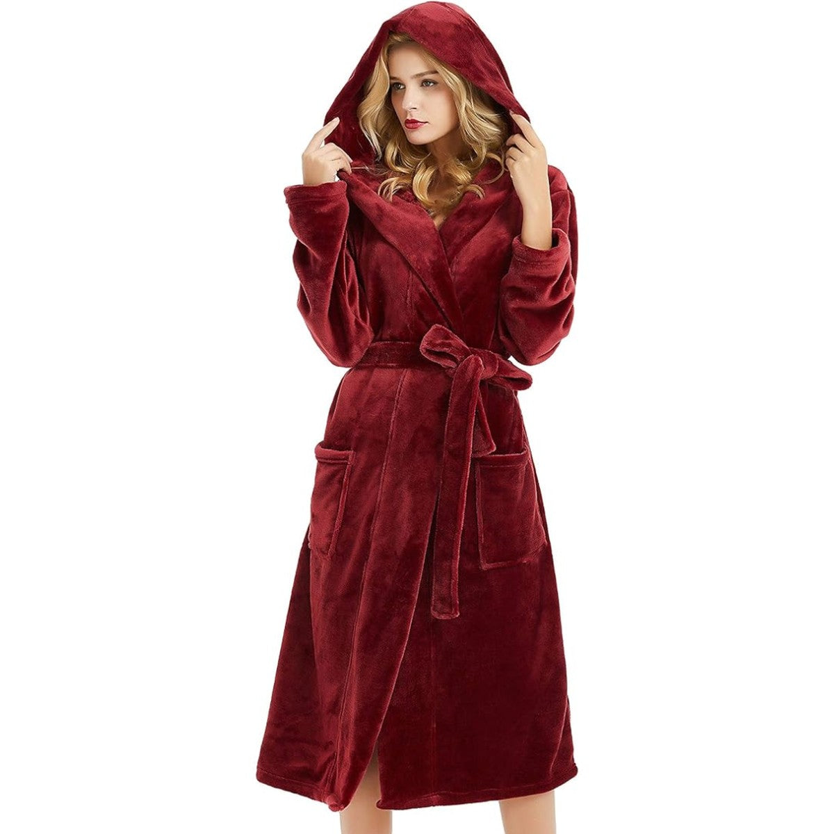 Plush Hooded Long Bathrobe for Women with Waist Belt