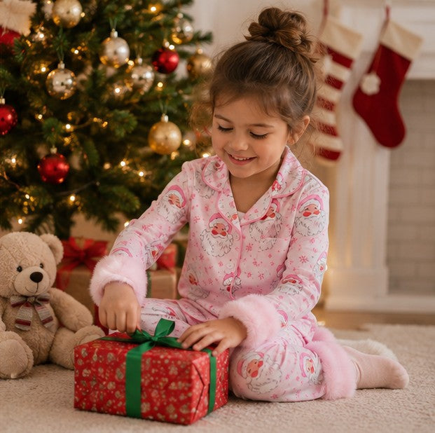 Toddler Girls Ribbed Christmas Pajama Set with Soft Faux Fur Trim