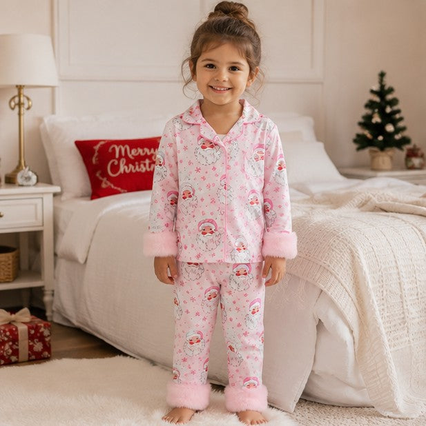 Toddler Girls Ribbed Christmas Pajama Set with Soft Faux Fur Trim