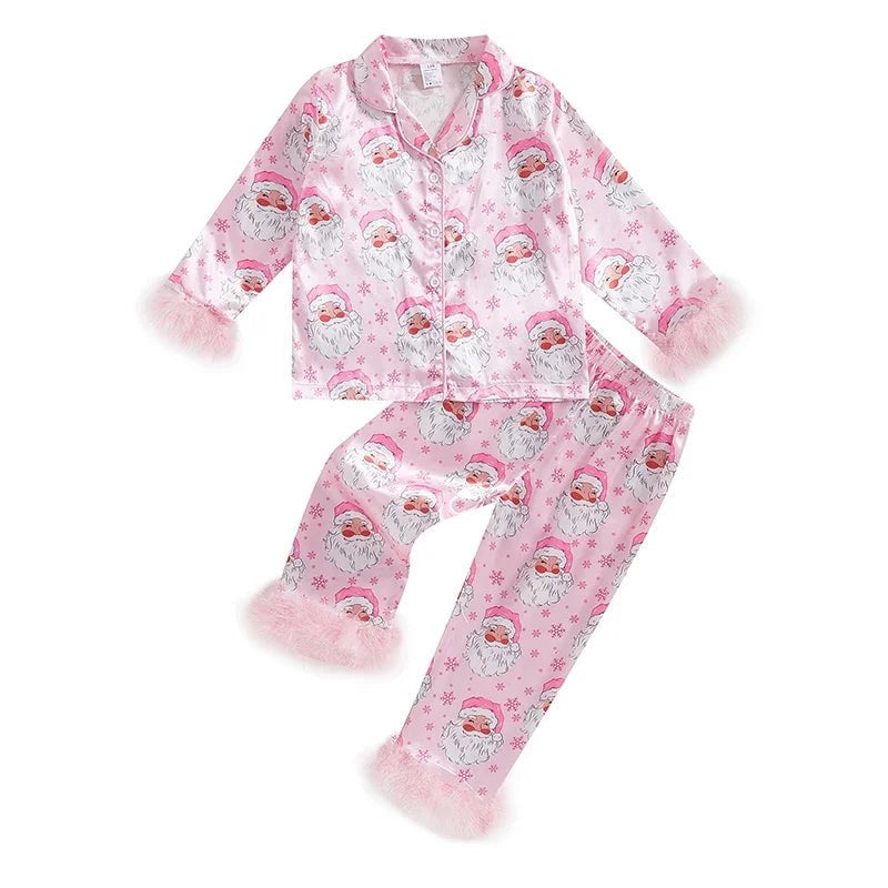 Toddler Girls Ribbed Christmas Pajama Set with Soft Faux Fur Trim