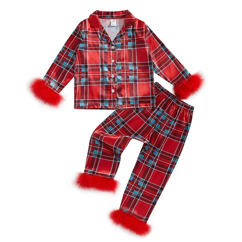 Toddler Girls Ribbed Christmas Pajama Set with Soft Faux Fur Trim