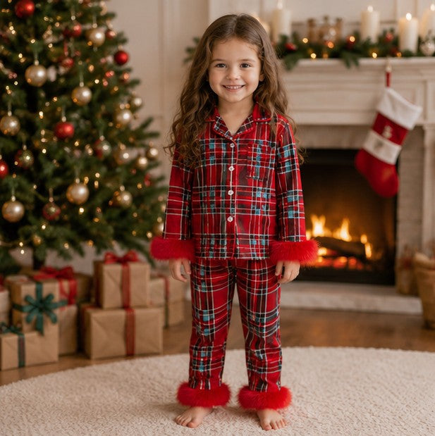 Toddler Girls Ribbed Christmas Pajama Set with Soft Faux Fur Trim