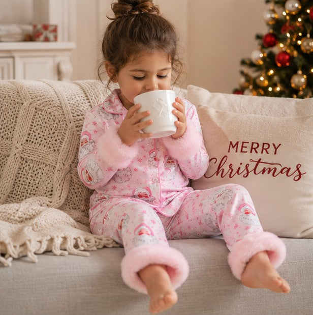 Toddler Girls Ribbed Christmas Pajama Set with Soft Faux Fur Trim