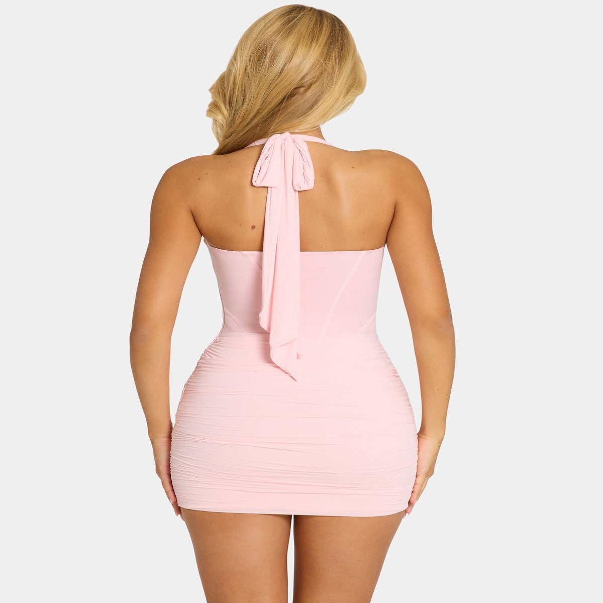 Sleeveless High Neck Cocktail Dress with Gathered Neckline in Pastel Pink