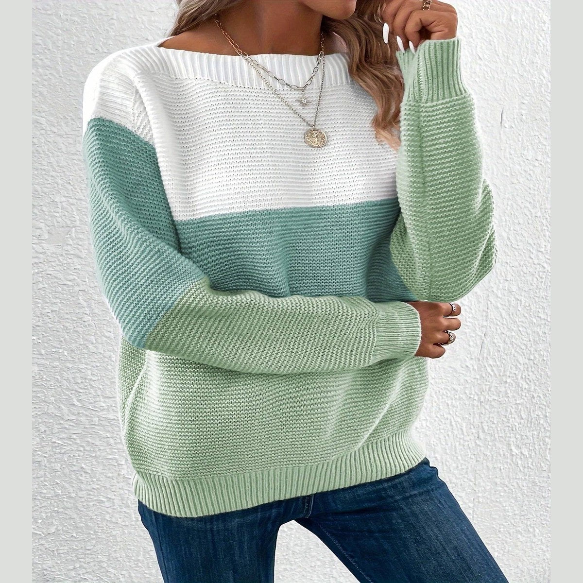 Crewneck Long Sleeve Knitted Pullover with Pastel Color Block Striped Pattern
