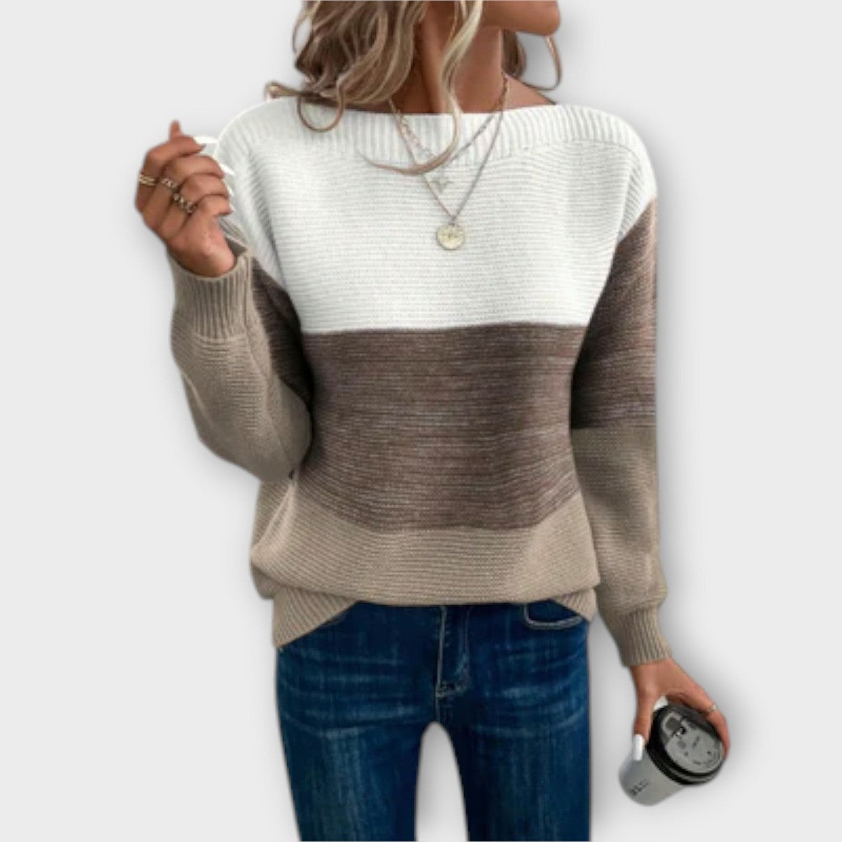 Crewneck Long Sleeve Knitted Pullover with Pastel Color Block Striped Pattern