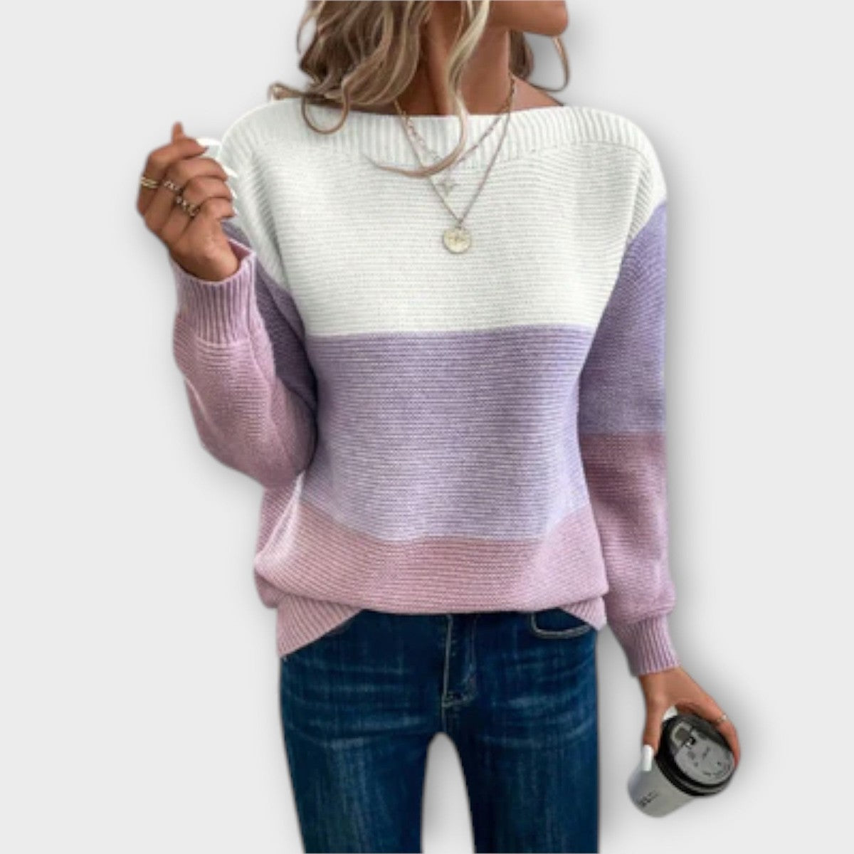 Crewneck Long Sleeve Knitted Pullover with Pastel Color Block Striped Pattern