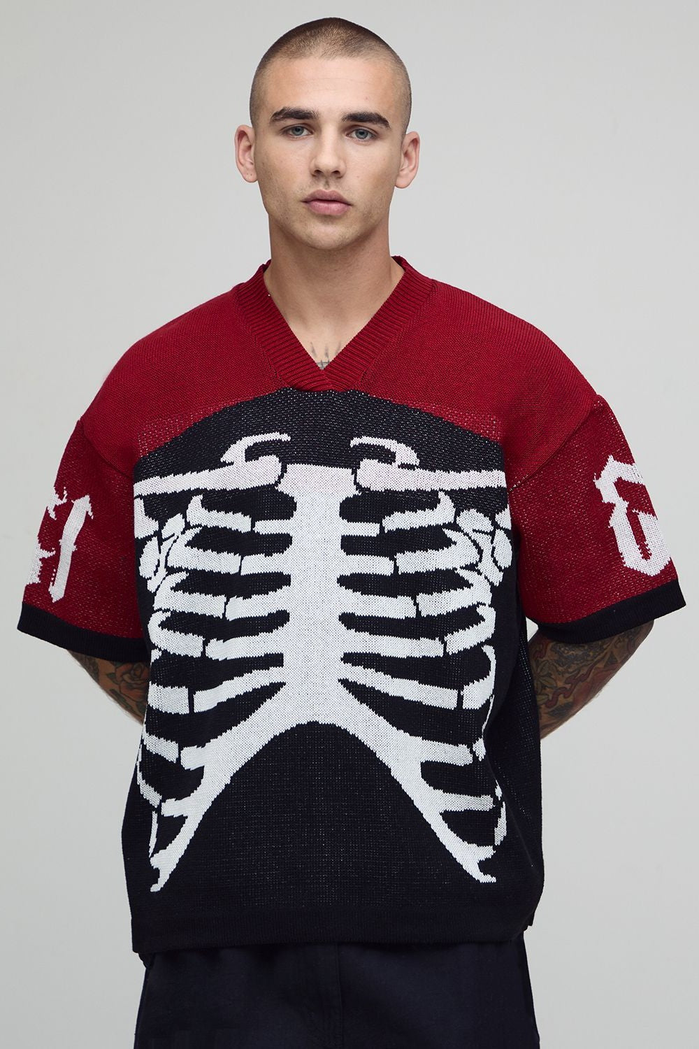 Skeleton Jacquard Knit Top with V Neckline and Short Sleeves, Red