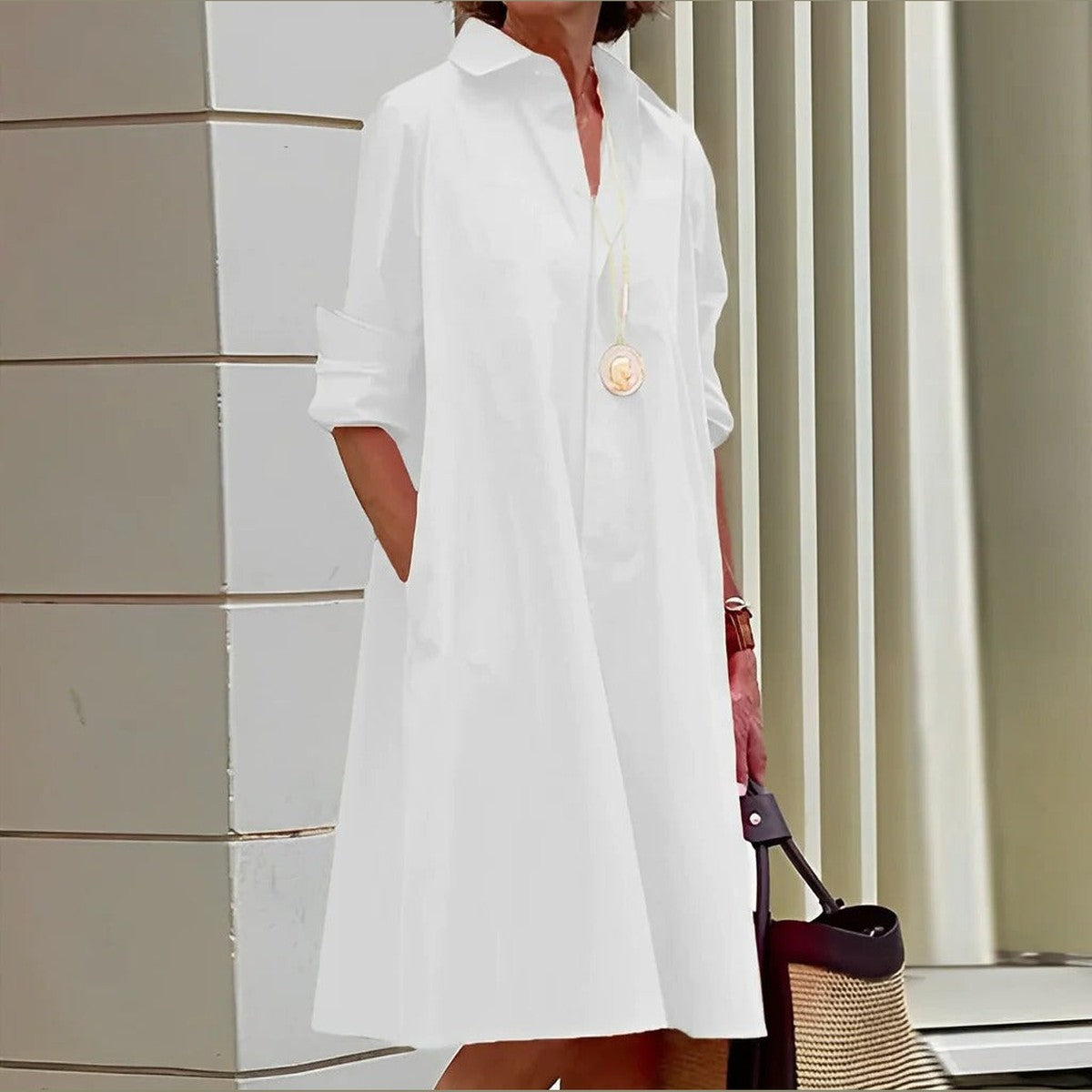 Short Sleeve Polo Collar Mini Dress with Button Down Placket