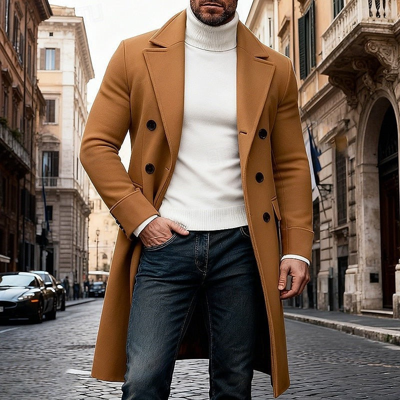 Classic Mens Long Wool Blend Trench Coat with Notched Lapel and Button Front