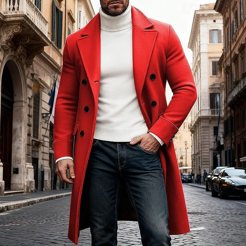 Classic Mens Long Wool Blend Trench Coat with Notched Lapel and Button Front