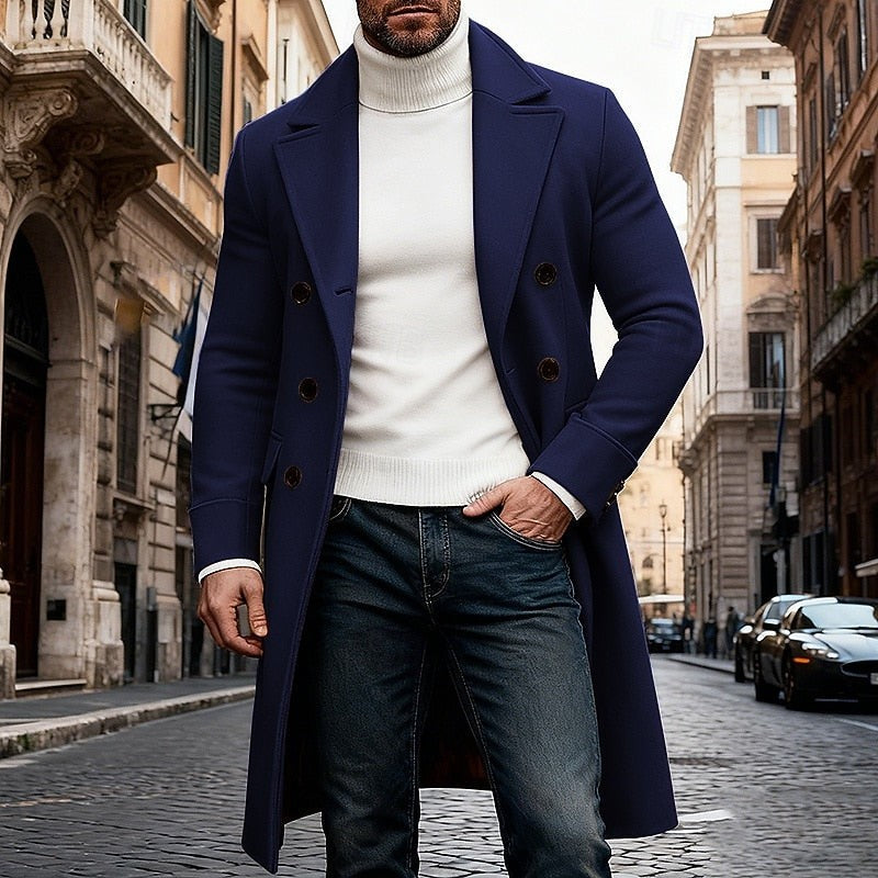 Classic Mens Long Wool Blend Trench Coat with Notched Lapel and Button Front